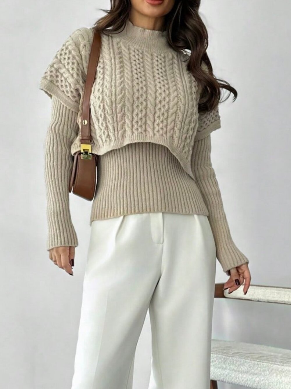Khaki Elegant Casual Women's Long Sleeve Crew Neck Sweater 2-in-1 - Picture 7 of 7